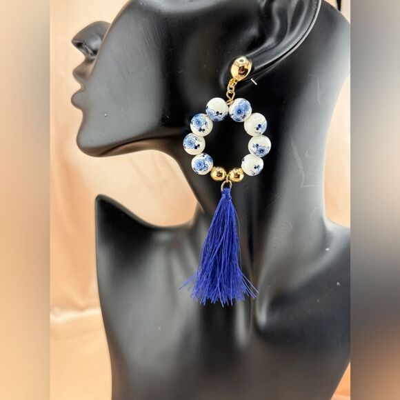 Blue & White Porcelain-Style Beaded Tassel Earrings – Elegant & Chic - Picture 1 of 7
